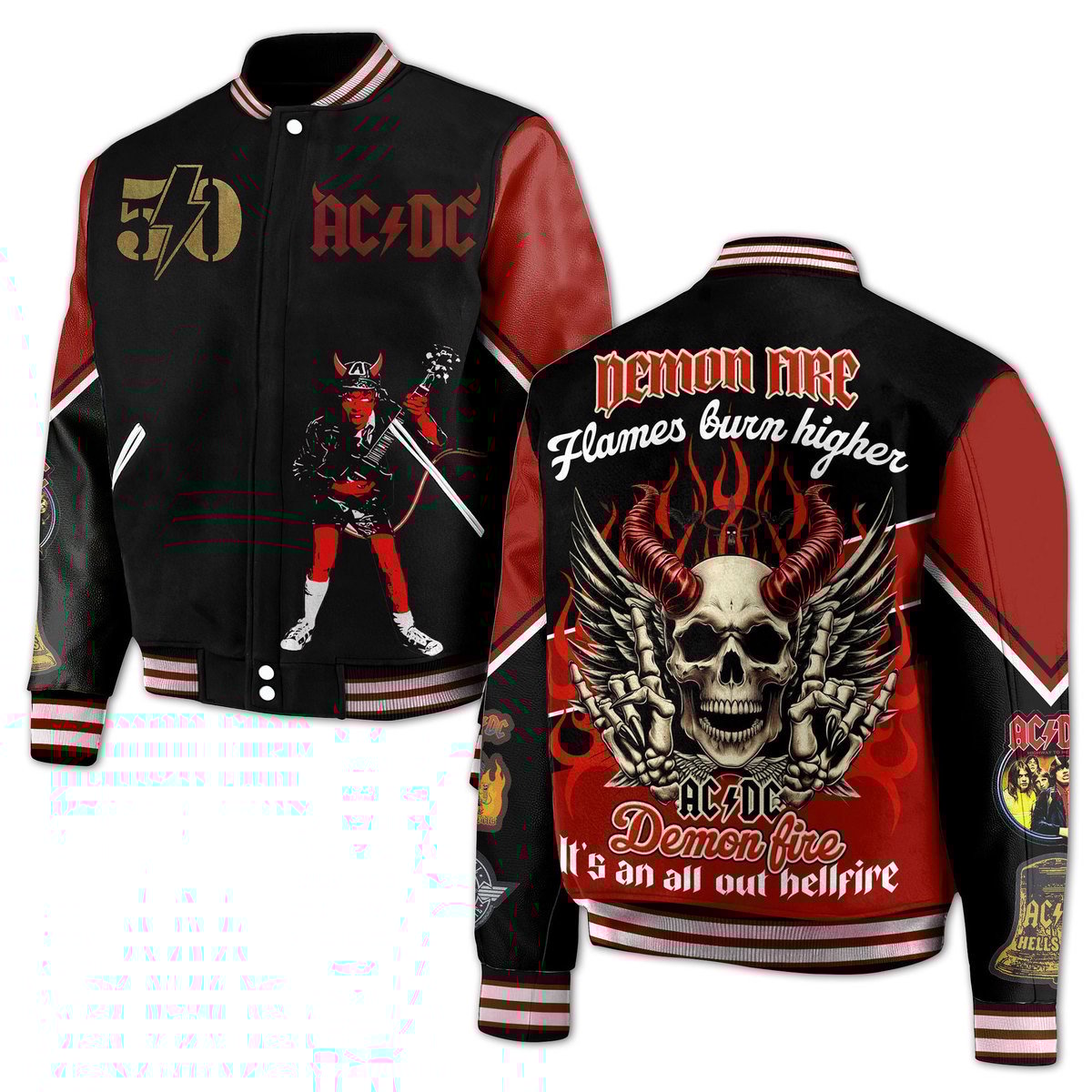 Demon Fire Flames Burn Higher ACDC Music Baseball Jacket