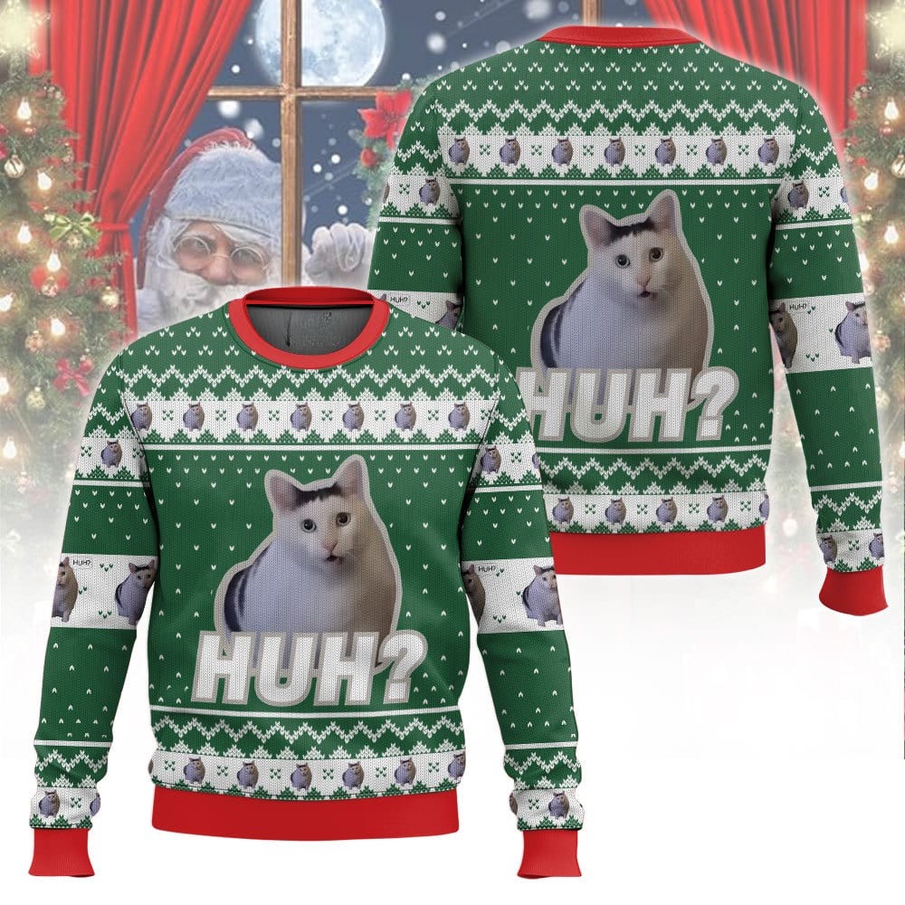 Funny Cat Huh? Meme 3D All Over Printed Ugly Sweater, Creative Christmas Gift Idea