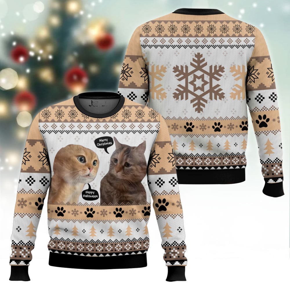 Funny Cat Meme Happy Halloween x Merry Christmas 3D All Over Printed Ugly Sweater