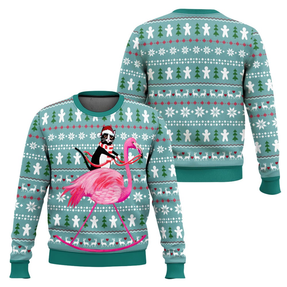 Funny Design Cat And Flamingo Merry Christmas 3D All Over Printed Ugly Sweater