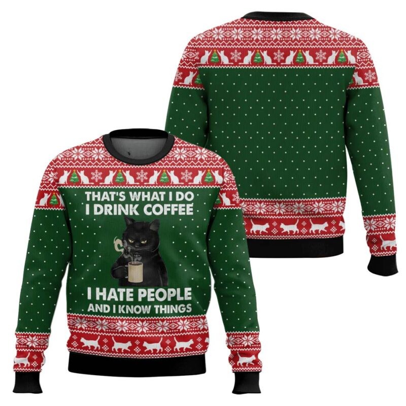Grumpy Black Cat Drink Coffee Hate People 3D All Over Printed Ugly Sweater