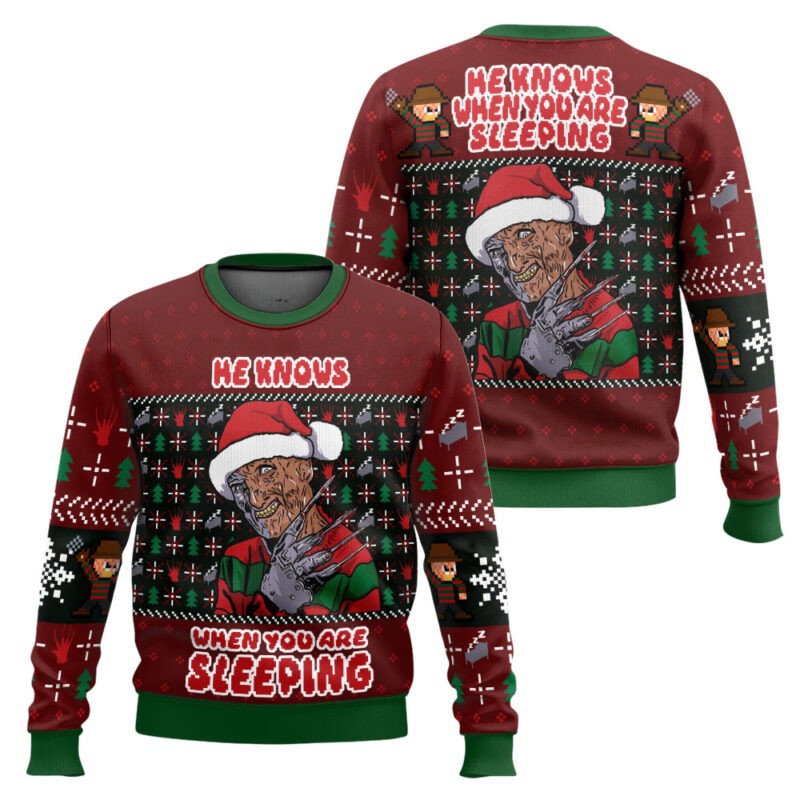 He Knows When You Are Sleeping Freddy Krueger Halloween 3D All Over Printed Ugly Sweater