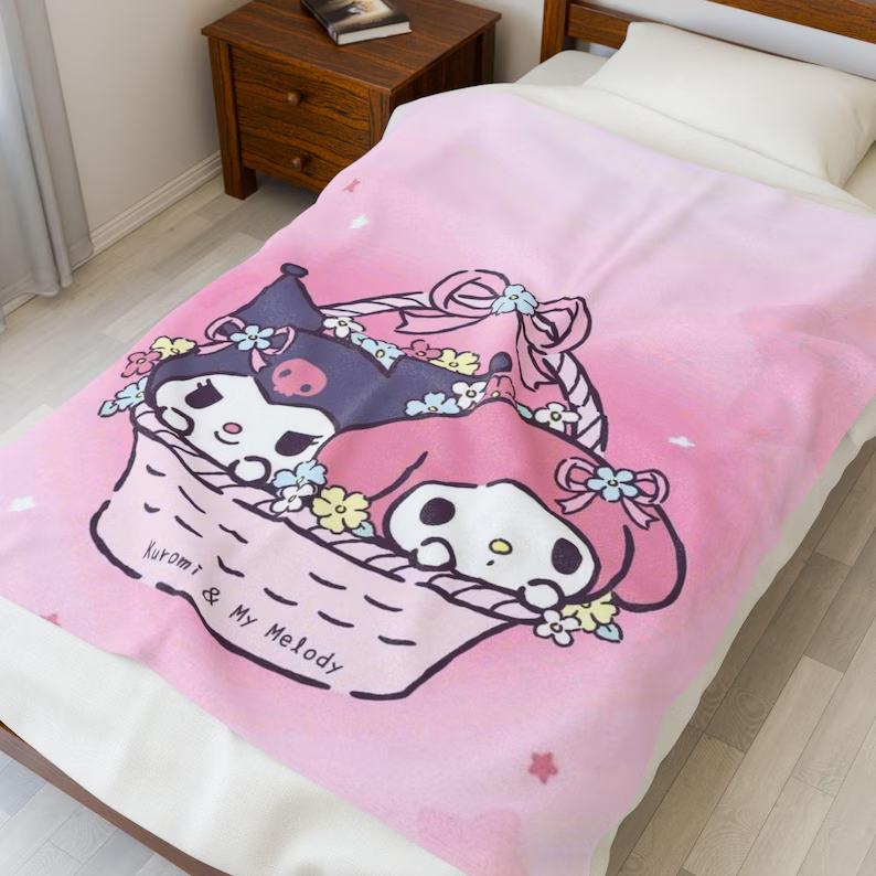 Kuromi & My Melody Cute Kawaii Throw for Cozy Nights, Soft Fleece Bedding Blanket