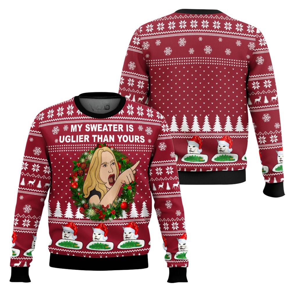 My Sweater Is Uglier Than Yours Woman x Cat Meme 3D All Over Printed Ugly Sweater