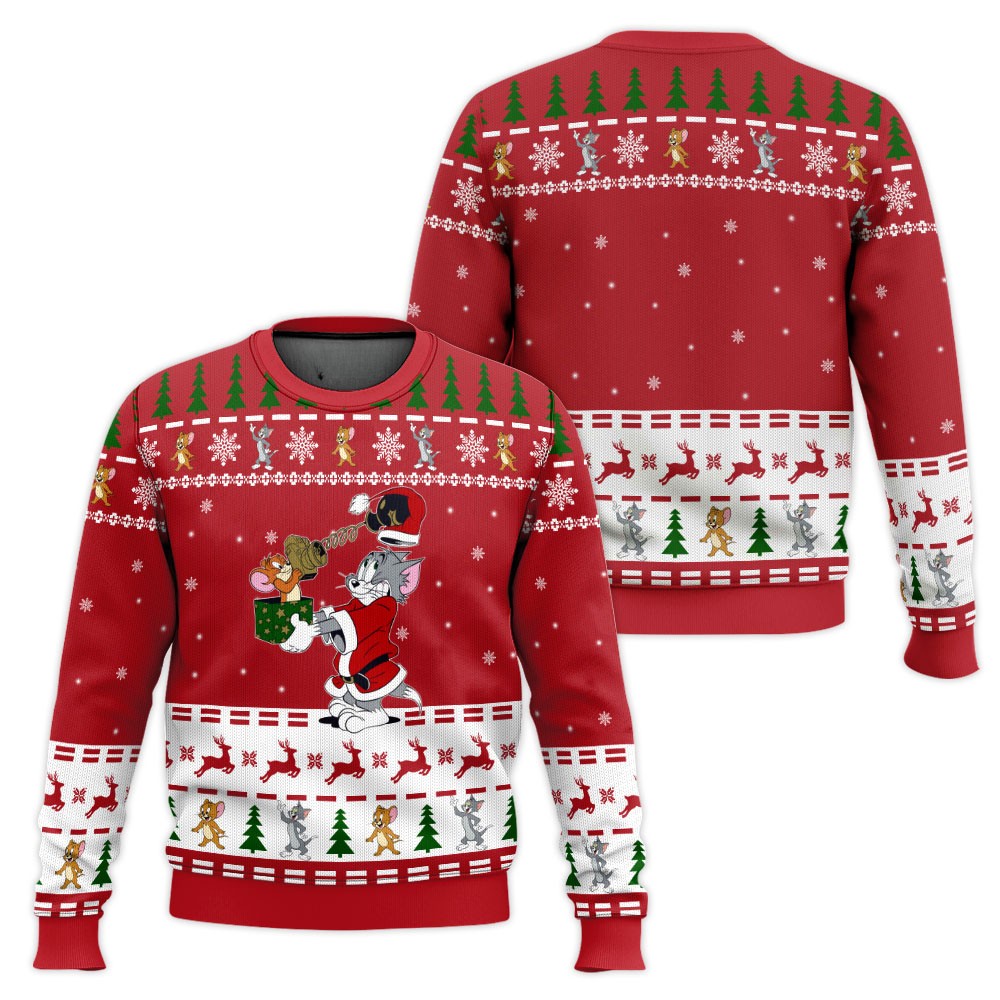 Playful Tom And Jerry Merry Christmas Red 3D All Over Printed Ugly Sweater