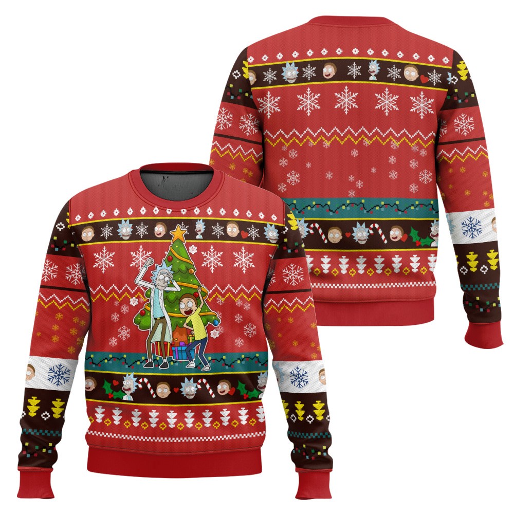 Rick And Morty Funny Dance Merry Christmas 3D All Over Printed Red Ugly Sweater