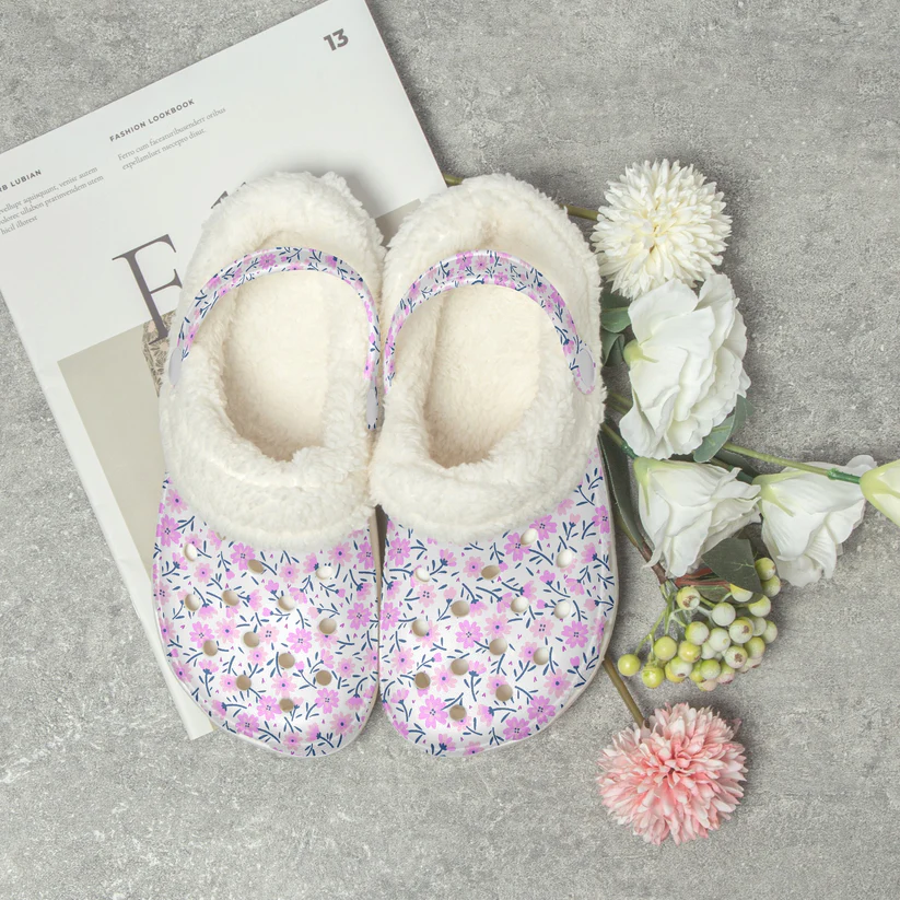 Soft & Cozy Tiny Pink Flower Pattern Fleece Lined Clogs