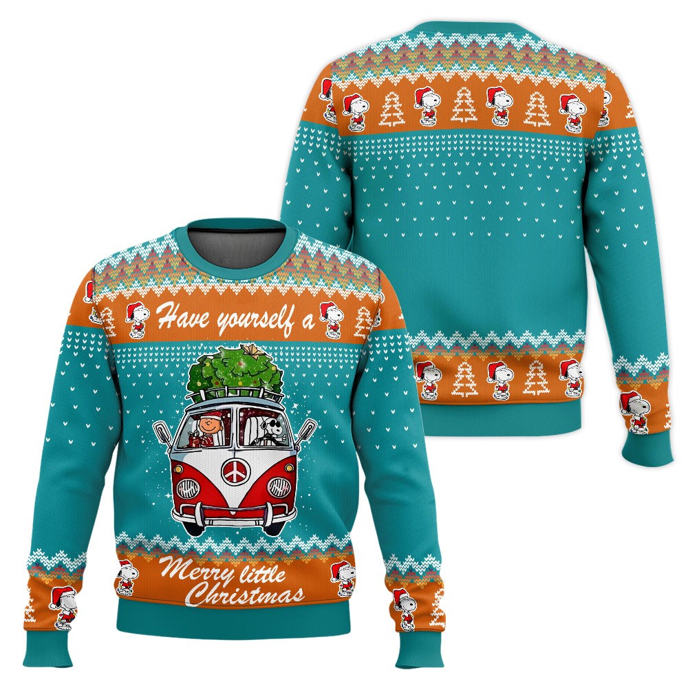 Soft Snoopy & Peanut On Campervan Merry Little Christmas 3D All Over Printed Ugly Sweater