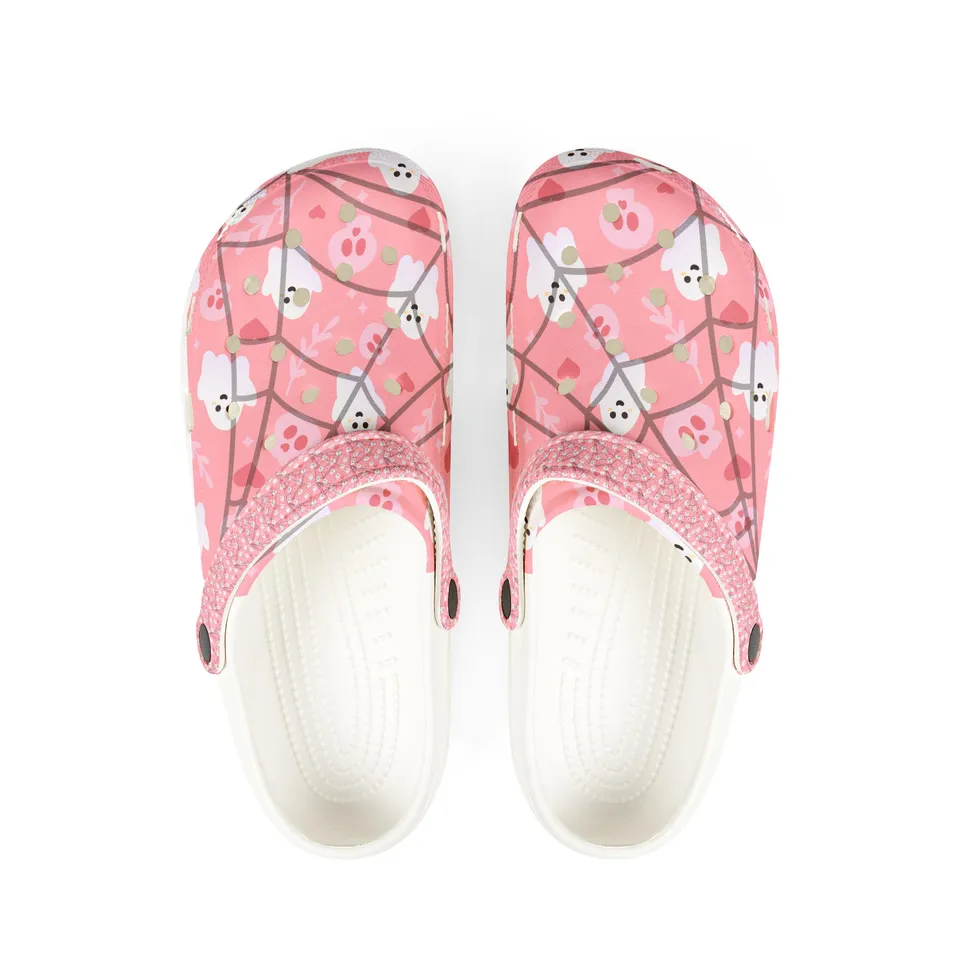 Tiny Ghost And Spiderweb Pink Clogs For Kids & Adults 