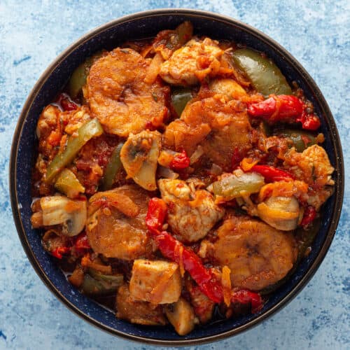 plantain eggs, and chicken 