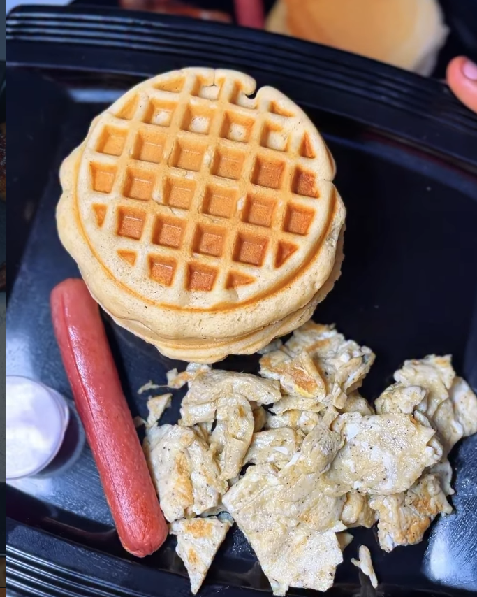 Pancakes, sausage and scrambled eggs