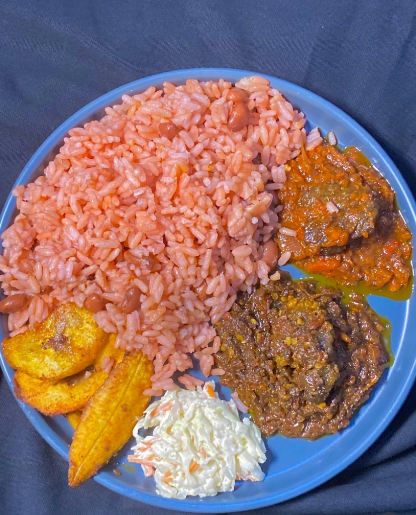 Waakye + Plantain + Beef/Ponmo/Egg