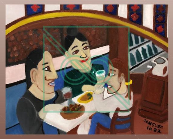 3 Woman at a Café w. Green T by Chris Scheuer — Oil