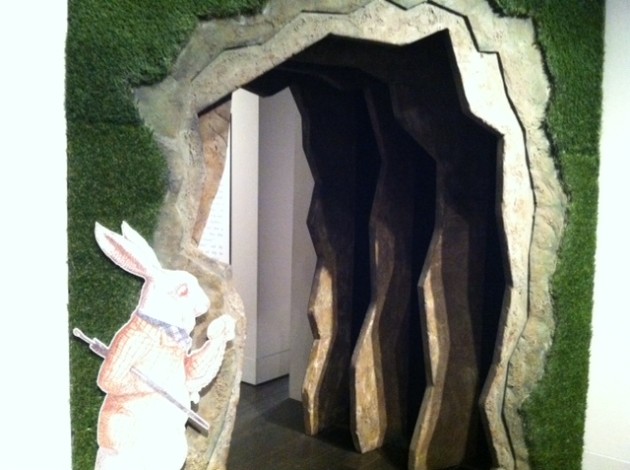 A white rabbit lures visitors to the Harry Ransom Center down the rabbit hole.