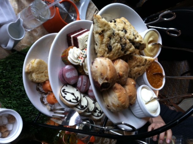 Three levels of treats at the Mad Hatter's tea party.
