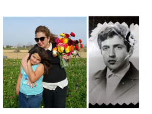 a woman with her daughter, and a portrait of the woman's father