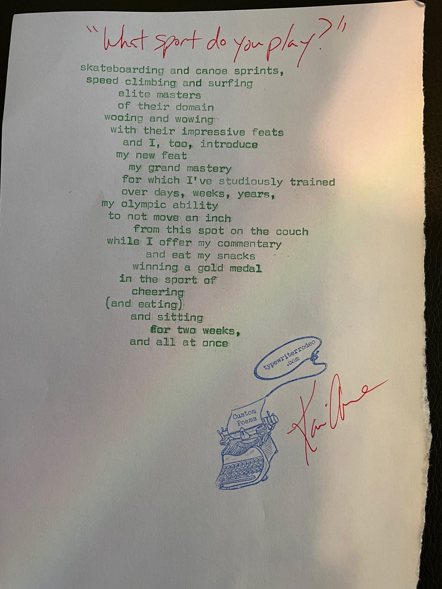 a photo of the typewritten poem on a piece of torn paper