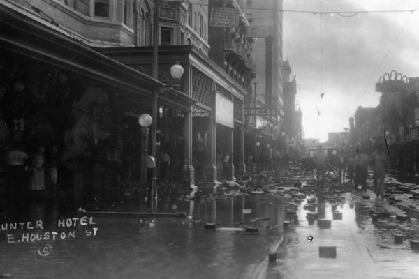 Flood waters in front of a hotel on East Houston Street.