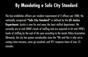 text describing the "Safe City Standard" on which the Prop A police ratio is based.