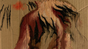 brown, white and red paint on what appears to be cardboard