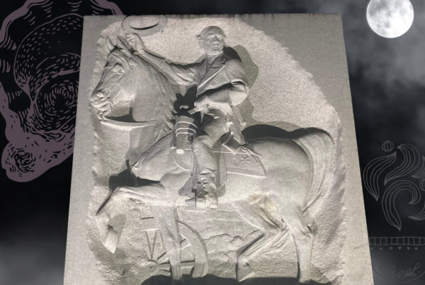 an illustration of Sam Houston on a horse, from his grave marker, with spooky lighting