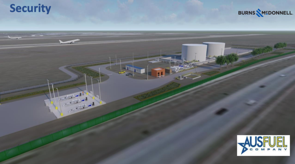 a computer illustration shows airport runways and large industrial fuel tanks