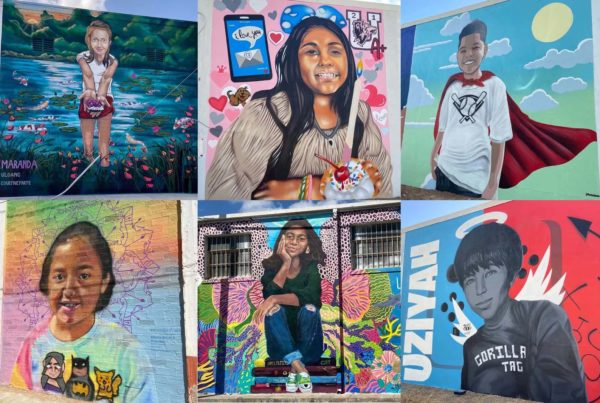 A collage photo of six of the murals featuring some of the children killed in the shooting.