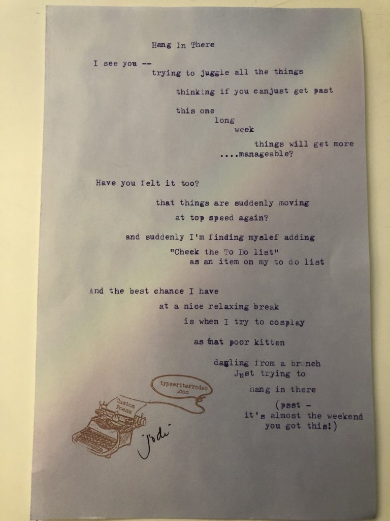 a photo of the typewritten poem on a torn half sheet of light purple paper