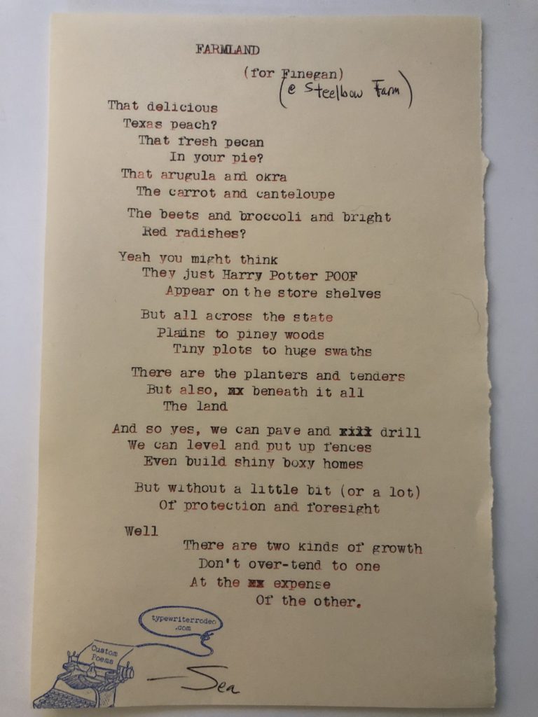 A photo of the typewritten poem on a torn half-sheet of light yellow paper.