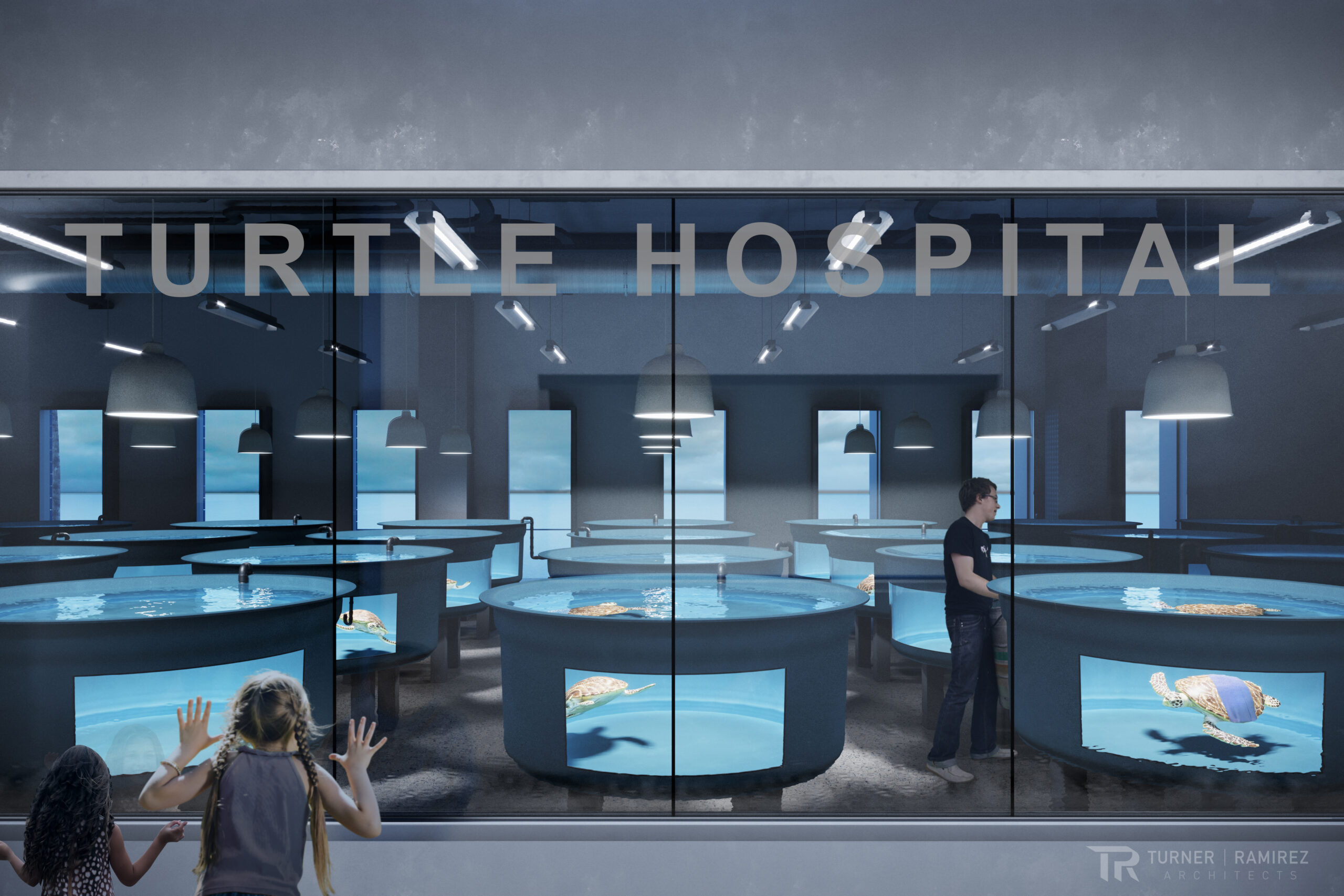 A CGI rendering shows a room behind big glass windows which two young children are seen from behind looking into with their hands pressed against the glass. On the glass the words 