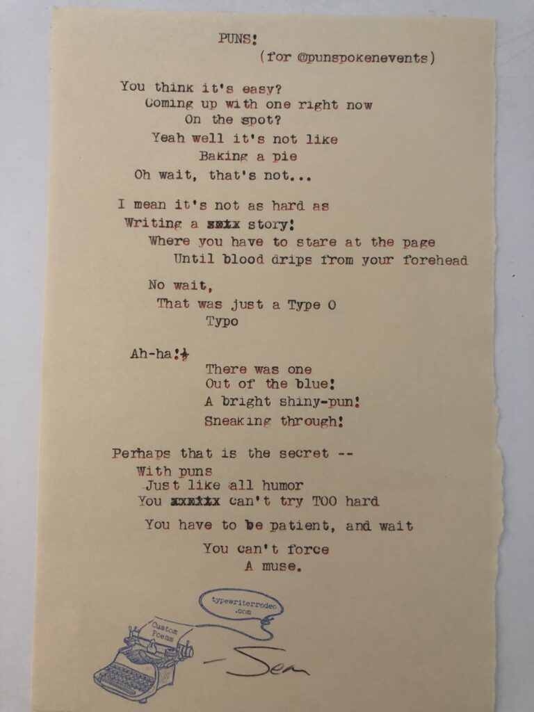 a photo of the typewritten poem on a torn half sheet of light yellow paper