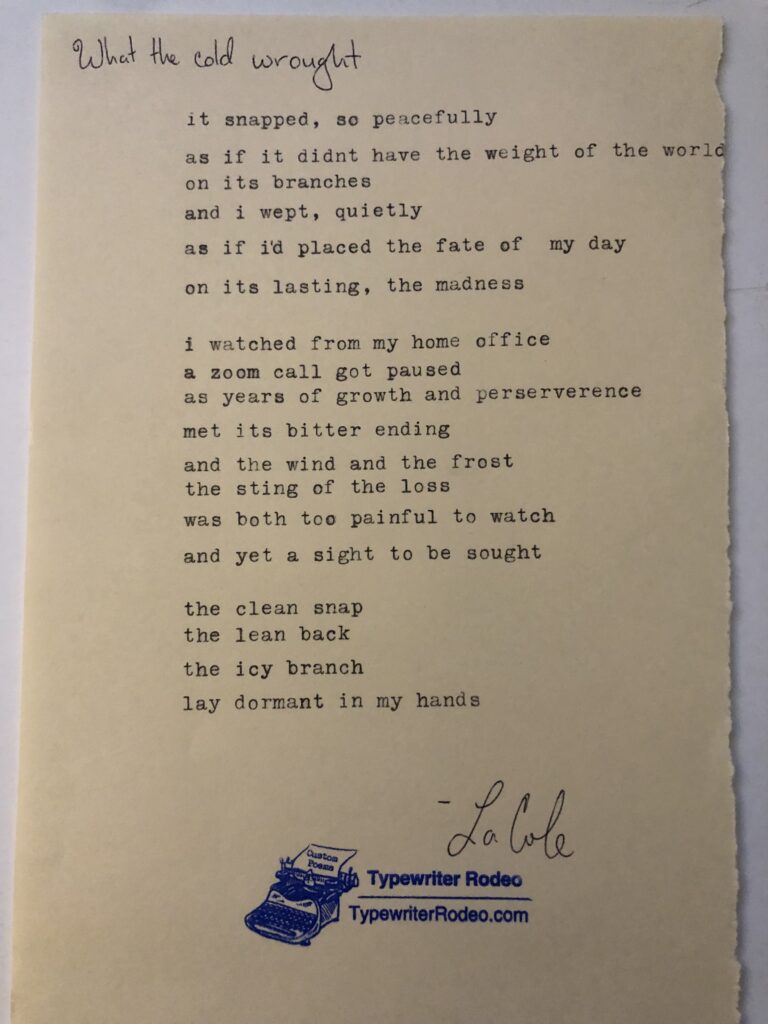 a photo of the typewritten poem on a torn half sheet of yellow paper