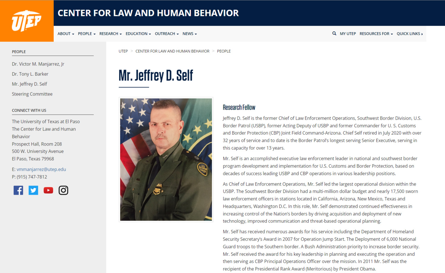 A screenshot of Jeffrey Self's bio at the UTEP website is seen.