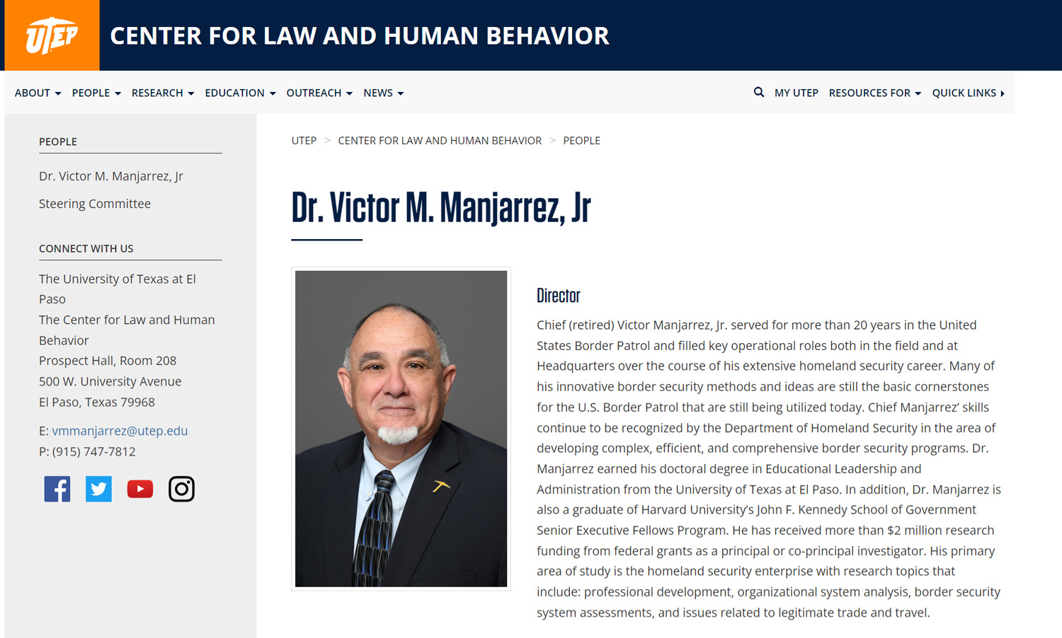 A screenshot of Victor Manjarrez Jr.&rsquo;s bio at the UTEP website is seen.