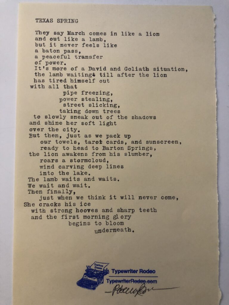 a photo of the typewritten poem on a torn half-sheet of yellow paper