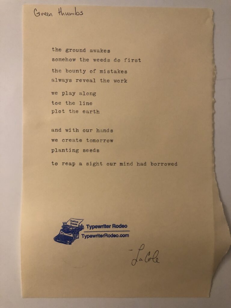 a photo of the typewritten poem on a torn half sheet of yellowish paper