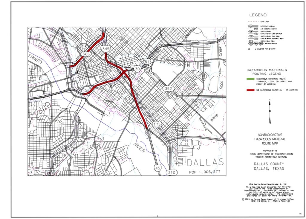 a map of downtown Dallas shows three major roadways, I-30, I-366, and I-345, marked in red as they should not be used for hazardous materials in that area