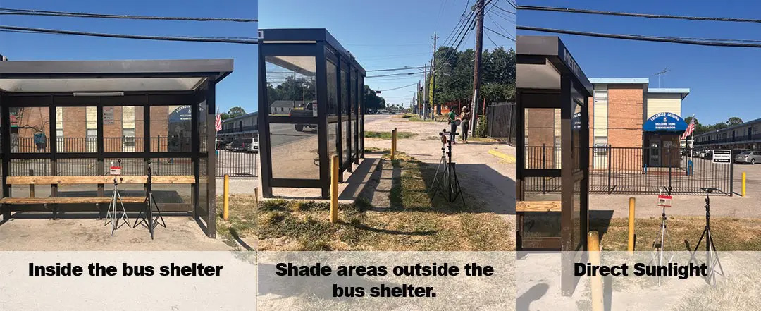 Three side-by-side images show heat-measuring devices on tripods in different positions around a bus stop &ndash; inside the bus shelter, the shaded areas around it, and in direct sunlight.