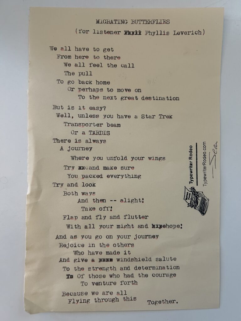 A photo of the typewritten poem on a torn half sheet of light yellow paper.
