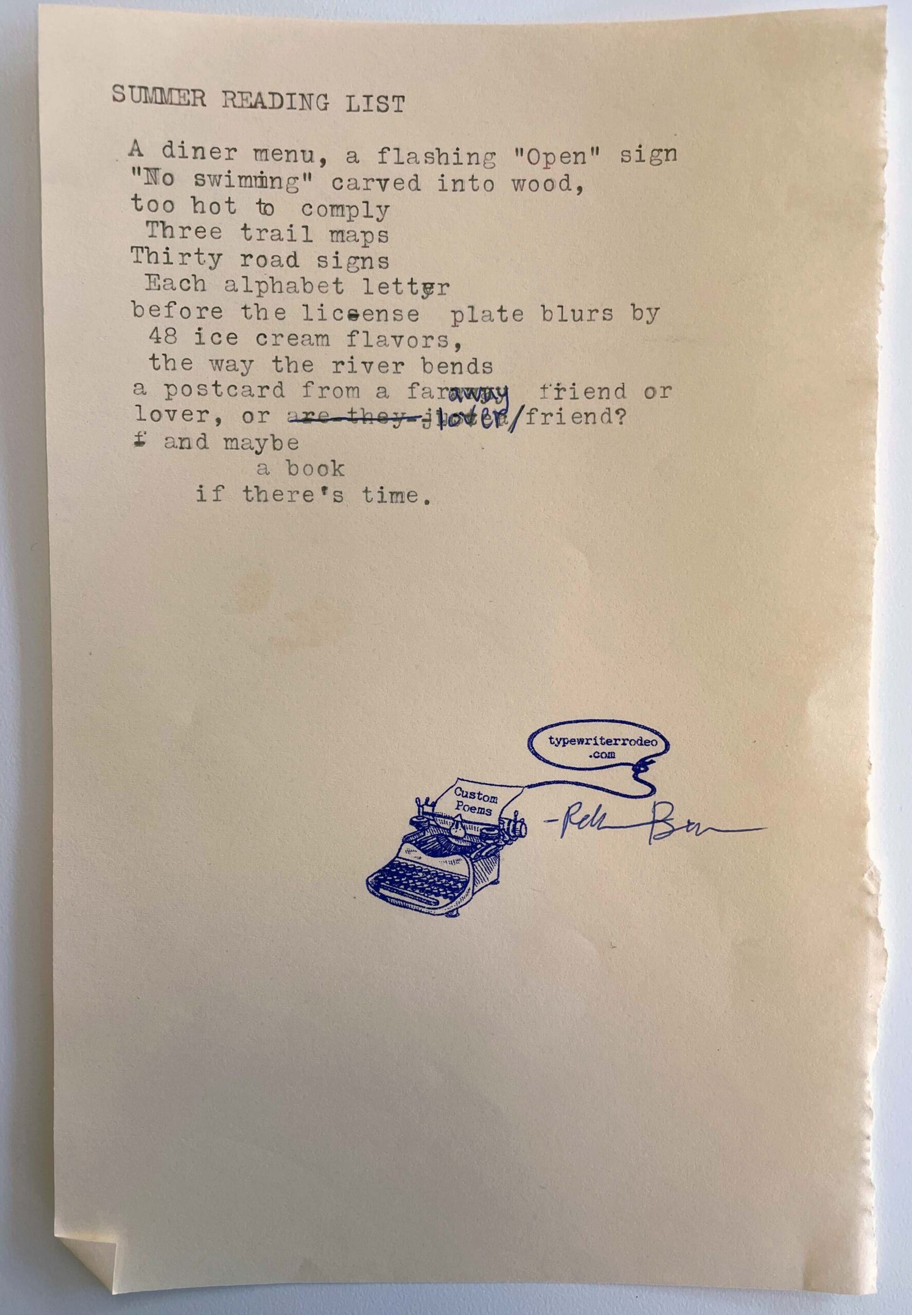 A photo of the typewritten poem on a torn half-sheet of light yellow paper.