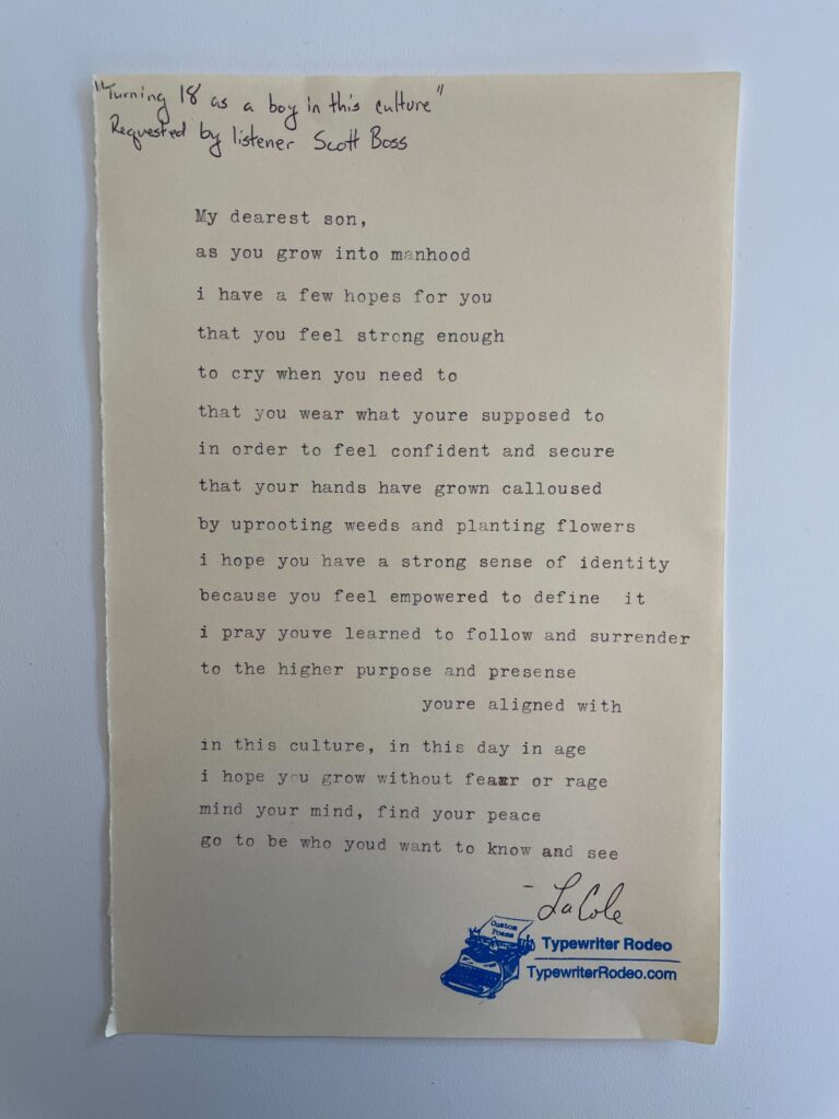 a photo of the typewritten poem on a torn half sheet of light yellow paper