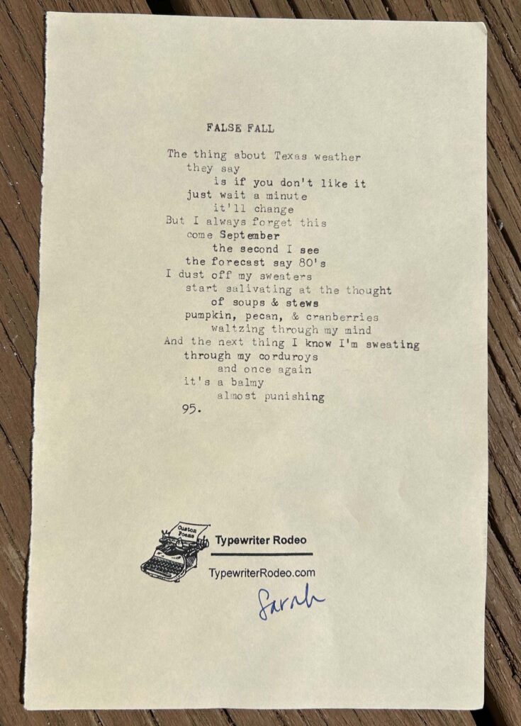 A photo of the typewritten poem on a sheet of light yellow paper.