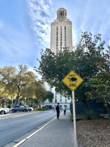 Laura Rice/Texas Standard A photo shows a street leading up to the UT Austin Tower and a street sign reading "Turtle XING" with an image of a red-eared slider.