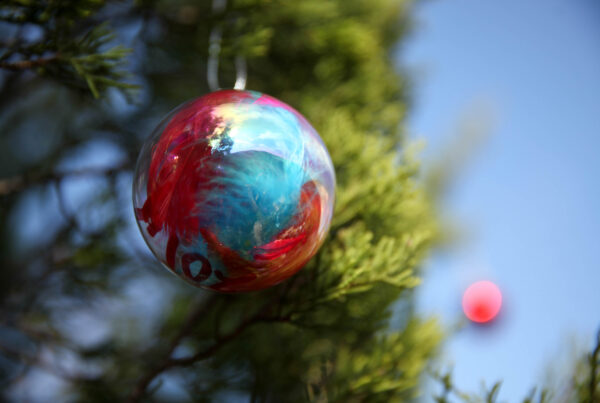 A closeup of a glass blue-and-red Christmas ornament hanging on a tree