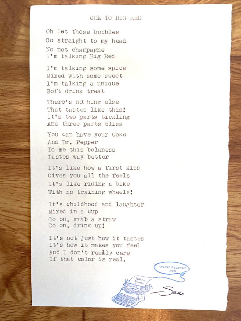 A photo of the typewritten poem on a torn half-sheet of light paper.