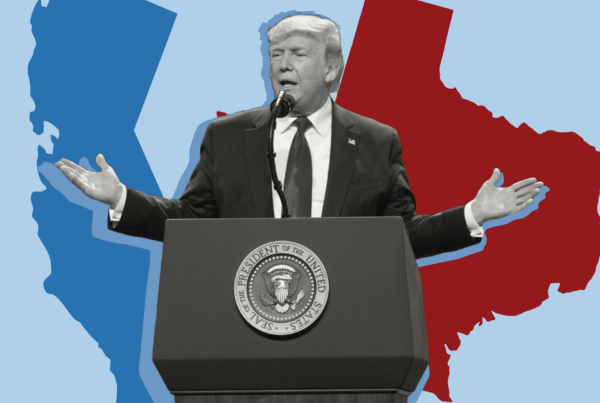 A photo illustration depicts President Donald Trump speaking at a podium in front of the states of California and Texas.