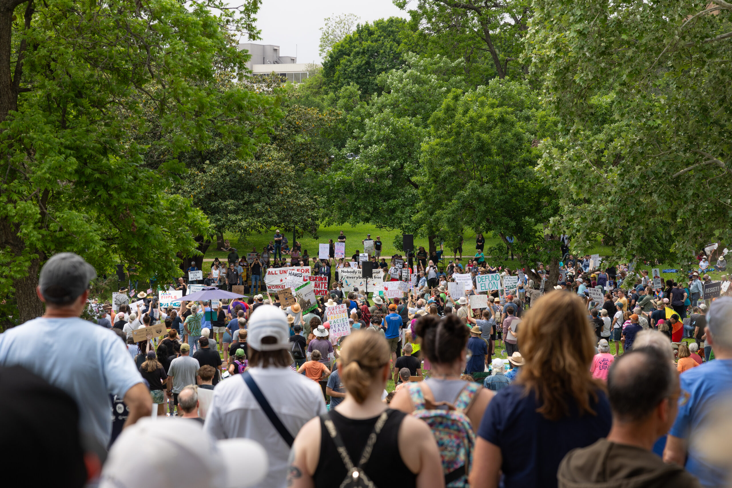 A large group of protesters is seen gathered outdoors.