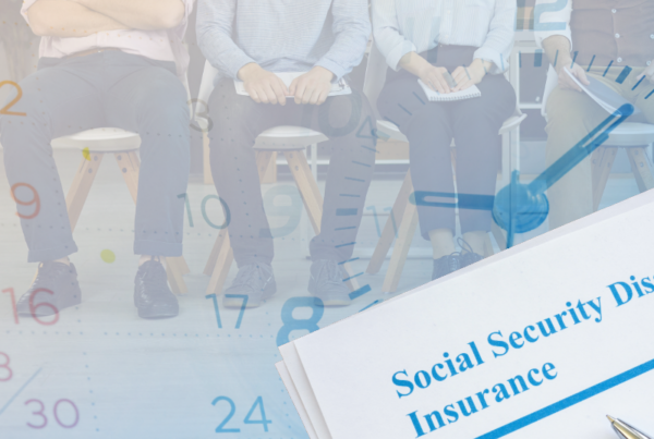 A collage image shows people sitting with a transparent overlay of a clock and calendar. In the foreground are a Social Security application.