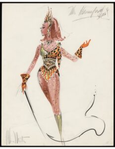 A sketch of a female figure wearing a leopard print and gold leotard, with gloves, boots and a crown.