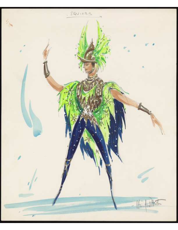 A color sketch of a male figure wearing a bright green, blue and gold costume with what appears to be armor and feathers.
